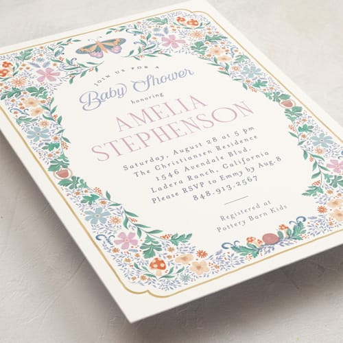This is a marshmallow baby shower invitations with standard by Joanna Griffin called vintage butterfly printing on signature in standard
