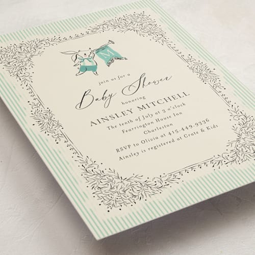 This is a seafoam baby shower invitations with standard by Jackie Crawford called little welcome printing on signature in standard