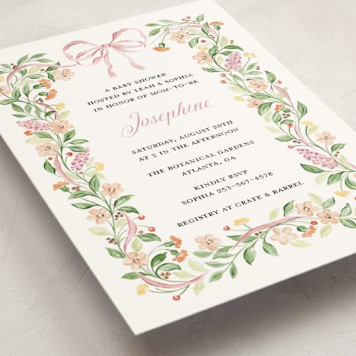 This is a rosa baby shower invitations with standard by Sarah Knight called garden ribbon printing on signature in standard