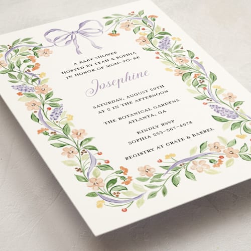 This is a lavender baby shower invitations with standard by Sarah Knight called garden ribbon printing on signature in standard
