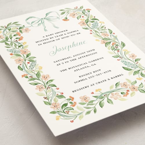 This is a sage baby shower invitations with standard by Sarah Knight called garden ribbon printing on signature in standard