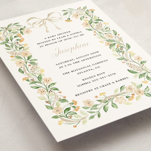 This is a oat baby shower invitations with standard by Sarah Knight called garden ribbon printing on signature in standard