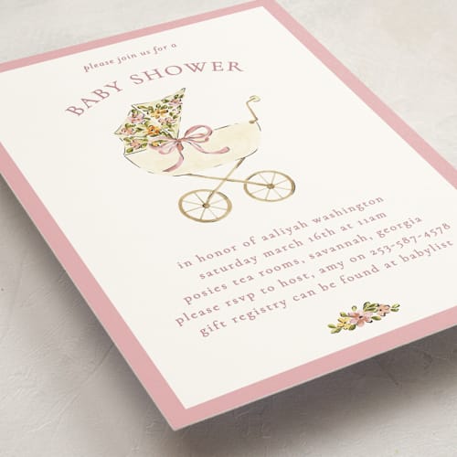 This is a rose baby shower invitations with standard by Sarah Knight called pram printing on signature in standard