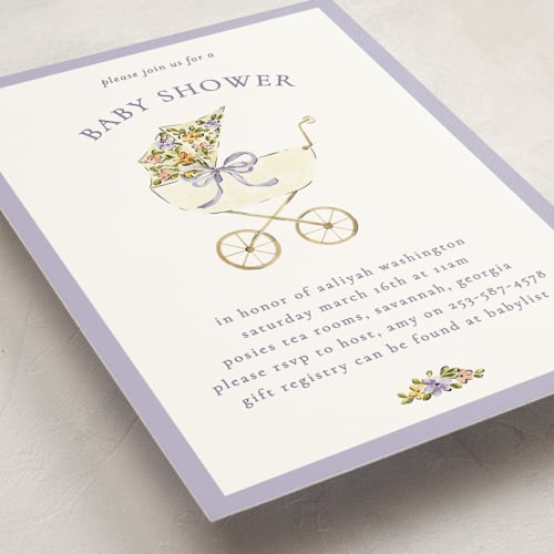 This is a wisteria baby shower invitations with standard by Sarah Knight called pram printing on signature in standard