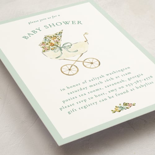 This is a sage baby shower invitations with standard by Sarah Knight called pram printing on signature in standard