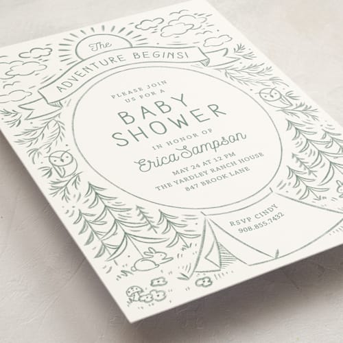 This is a sage baby shower invitations with standard by Kiersten Garner called the adventure begins printing on signature in standard