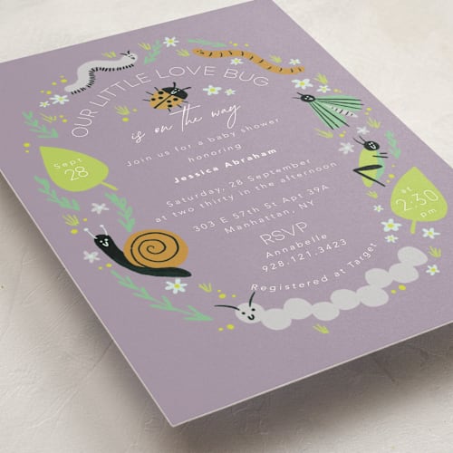 This is a sunset baby shower invitations with standard by Hudson meet Rose called little bug printing on signature in standard