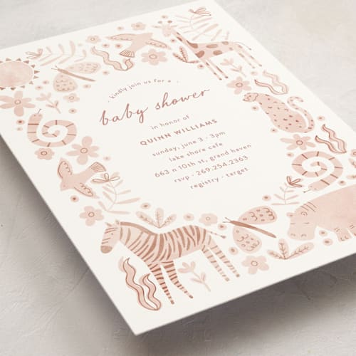 This is a sherbet baby shower invitations with standard by Pixel and Hank called creatures printing on signature in standard