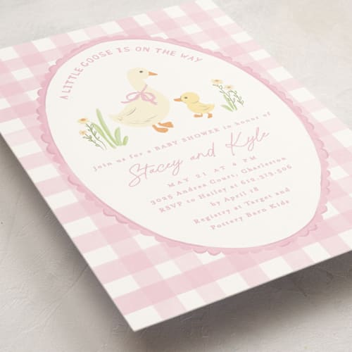 This is a rose baby shower invitations with standard by Creo Study called vintage goose printing on signature in standard