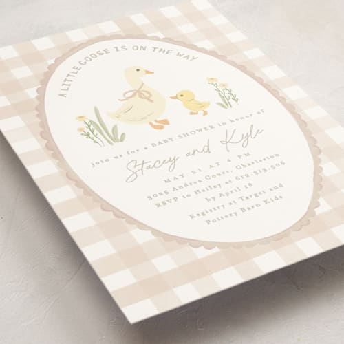 This is a mocha baby shower invitations with standard by Creo Study called vintage goose printing on signature in standard