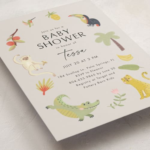 This is a mist baby shower invitations with standard by Kate Blalock called tropical animals printing on signature in standard