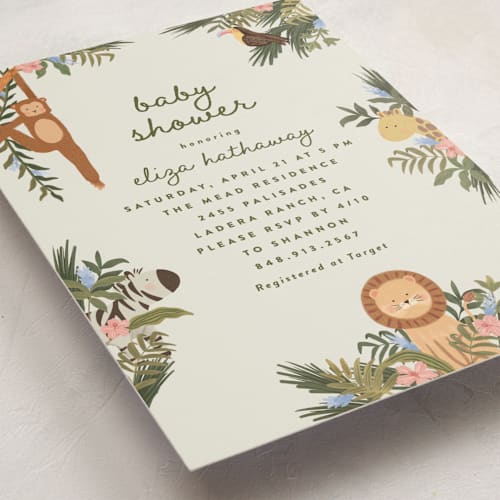 This is a moss baby shower invitations with standard by Joanna Griffin called jungle animals printing on signature in standard