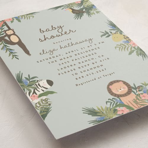 This is a pond baby shower invitations with standard by Joanna Griffin called jungle animals printing on signature in standard
