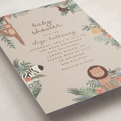 This is a khaki baby shower invitations with standard by Joanna Griffin called jungle animals printing on signature in standard