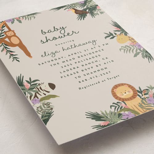 This is a amarylis baby shower invitations with standard by Joanna Griffin called jungle animals printing on signature in standard