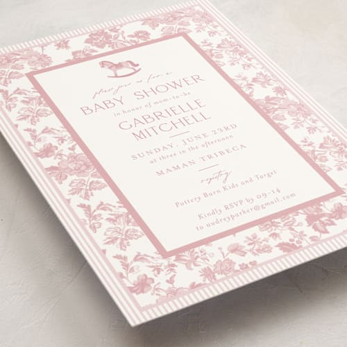 This is a ballet slipper baby shower invitations with standard by Jenna Holcomb called rocking horse baby printing on signature in standard
