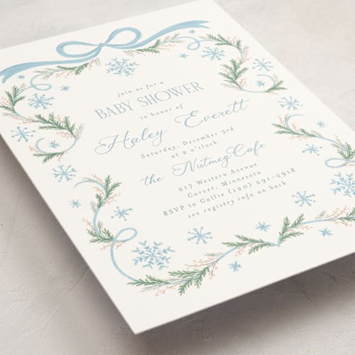 This is a frosted baby shower invitations with standard by Laura Hankins called winter frame printing on signature in standard
