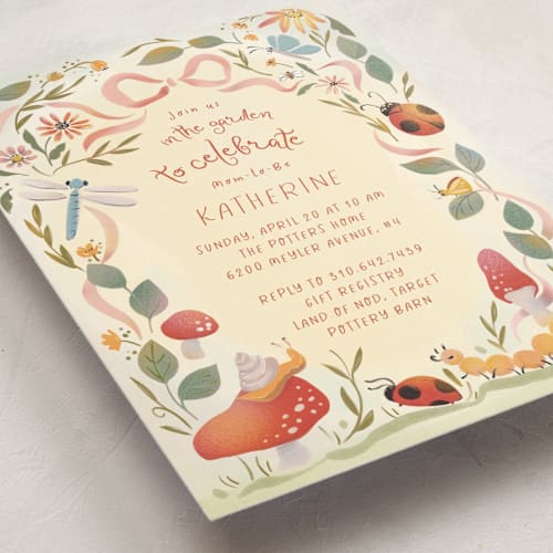 This is a ivory baby shower invitations with standard by Becky Nimoy called insect garden printing on signature in standard