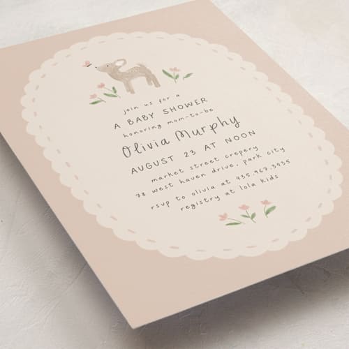 This is a blush baby shower invitations with standard by JeAnna Casper called woodland fawn printing on signature in standard