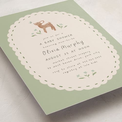 This is a pine baby shower invitations with standard by JeAnna Casper called woodland fawn printing on signature in standard