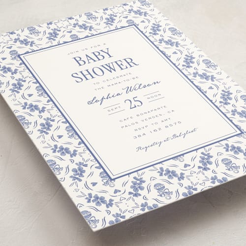 This is a bluebell baby shower invitations with standard by Leah Bisch called rattle pattern printing on signature in standard