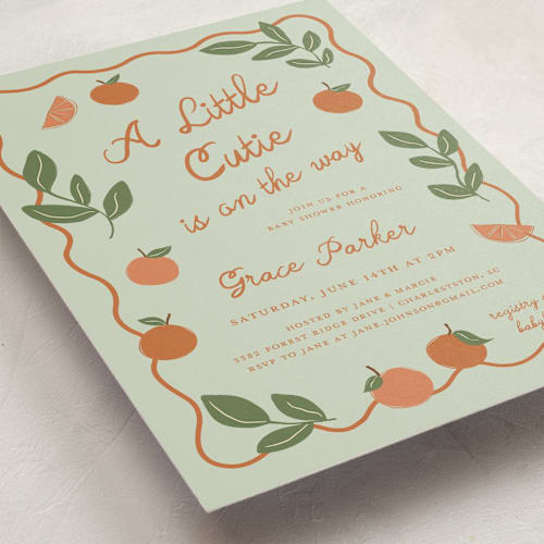 This is a honeydew baby shower invitations with standard by Kelly Watkins called a little cutie printing on signature in standard