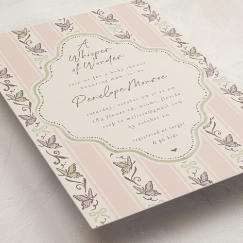 This is a petal baby shower invitations with standard by Vera Lim called whisper printing on signature in standard