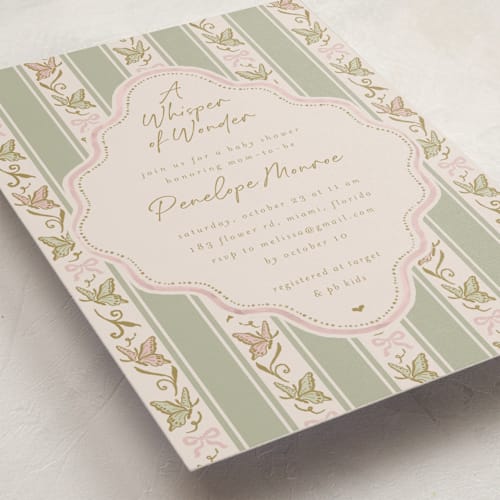 This is a sage baby shower invitations with standard by Vera Lim called whisper printing on signature in standard