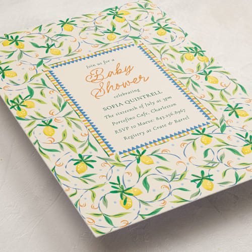 This is a cinque terre baby shower invitations with standard by Jackie Crawford called petit lemon printing on signature in standard