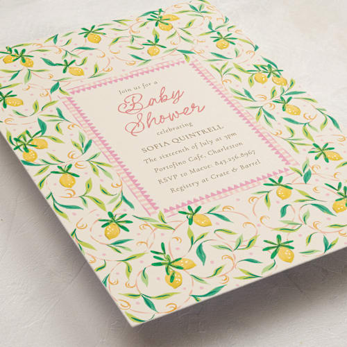 This is a flamingo baby shower invitations with standard by Jackie Crawford called petit lemon printing on signature in standard