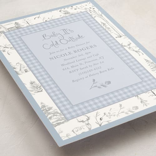This is a lake baby shower invitations with standard by Teju Reval called winter toile printing on signature in standard