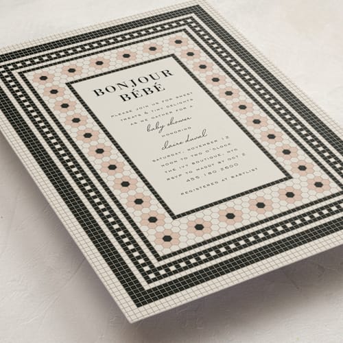 This is a blush baby shower invitations with standard by Sierra Lee called bebe bistro printing on signature in standard