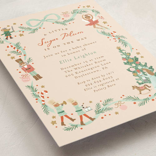 This is a cream baby shower invitations with standard by Jennifer Wick called little sugar plum printing on signature in standard