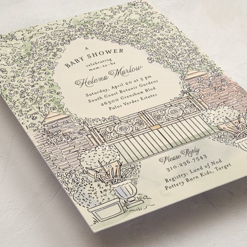 This is a ivory baby shower invitations with standard by Becky Nimoy called garden brick gate printing on signature in standard