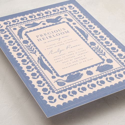 This is a powder baby shower invitations with standard by Sierra Lee called heirloom printing on signature in standard