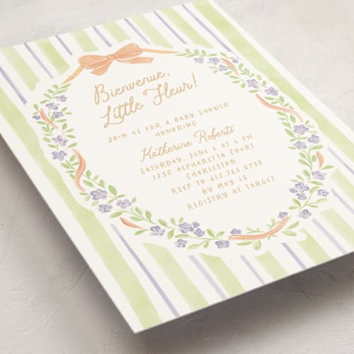 This is a key lime baby shower invitations with standard by Creo Study called little fleur printing on signature in standard