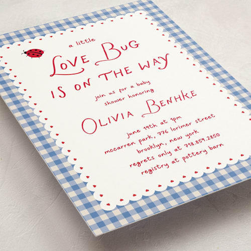 This is a sky baby shower invitations with standard by Jennifer Lew called love bug printing on signature in standard