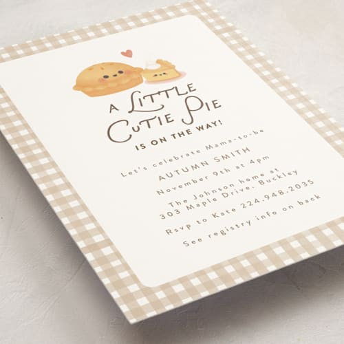 This is a tan baby shower invitations with standard by Itsy Belle Studio called cutie pie printing on signature in standard
