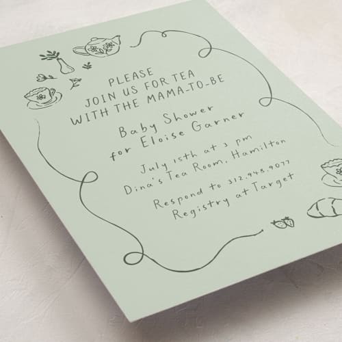 This is a mint baby shower invitations with standard by Carmia Jordaan called doodle tea party printing on signature in standard