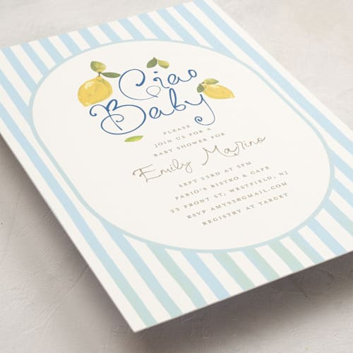 This is a ice baby shower invitations with standard by Teju Reval called lemon printing on signature in standard