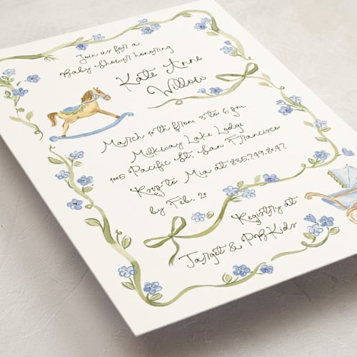 This is a powderblue baby shower invitations with standard by Pati Cascino called bowls and buds printing on signature in standard