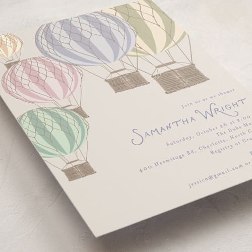 This is a bluebird baby shower invitations with standard by Kampai Designs called balloons printing on signature in standard