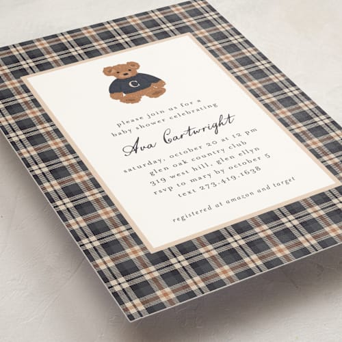 This is a navy baby shower invitations with standard by Erin German called teddy bear monogram printing on signature in standard
