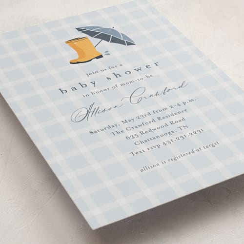 This is a raindrop baby shower invitations with standard by Stacey Meacham called baby wellies printing on signature in standard