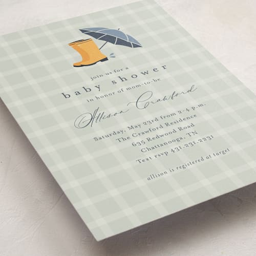 This is a sage baby shower invitations with standard by Stacey Meacham called baby wellies printing on signature in standard