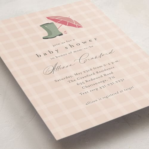 This is a peony baby shower invitations with standard by Stacey Meacham called baby wellies printing on signature in standard