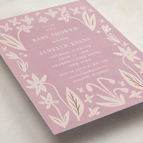 This is a blush baby shower invitations with standard by Ani Somi called friendly flowers printing on signature in standard