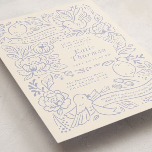 This is a porcelain baby shower invitations with standard by Rebecca Smith called love birds printing on signature in standard