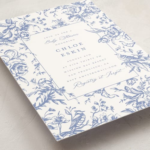 This is a blueberry baby shower invitations with standard by Teju Reval called dreamy toile printing on signature in standard