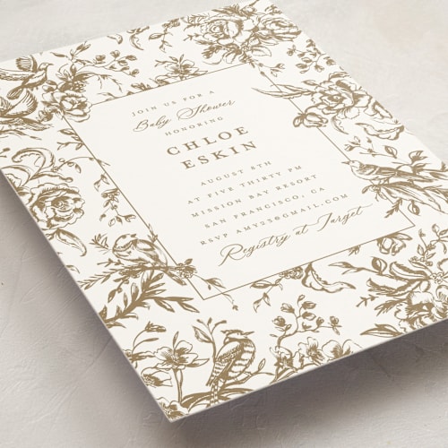 This is a champagne baby shower invitations with standard by Teju Reval called dreamy toile printing on signature in standard